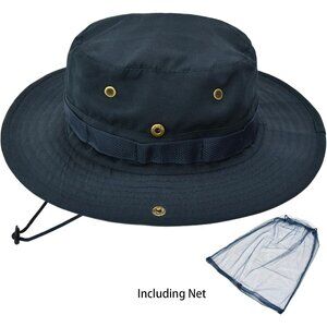Unisex Blue Wide Brim Boonie Uv Protection Chin Strap Adjustable Cowboy Sun Hat